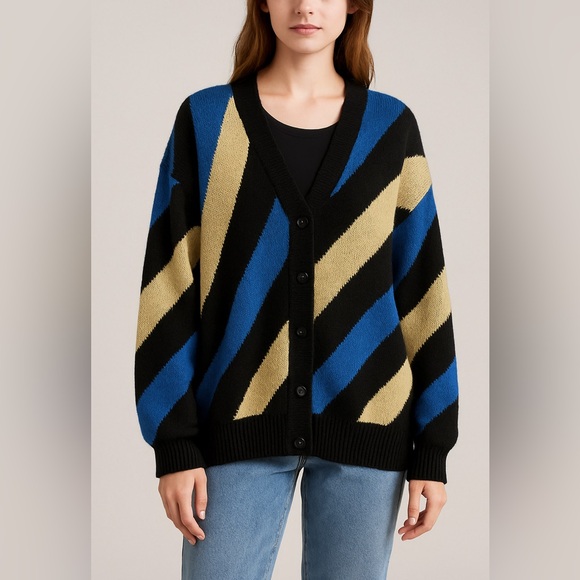 weeds Sweaters - WEEDS Vintage Striped Cardigan XL Black Blue Tan Knit Button Up Sweater Unisex